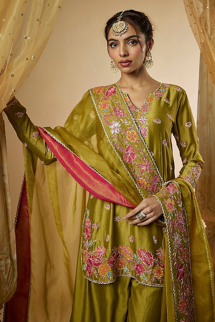 Olive Green Chanderi Silk Flared Wedding Sharara Set by The Aarya at Pernia's Pop Up Shop