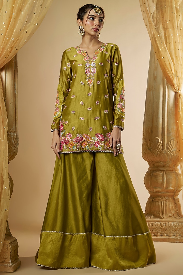 Olive Green Chanderi Silk Flared Wedding Sharara Set by The Aarya at Pernia's Pop Up Shop