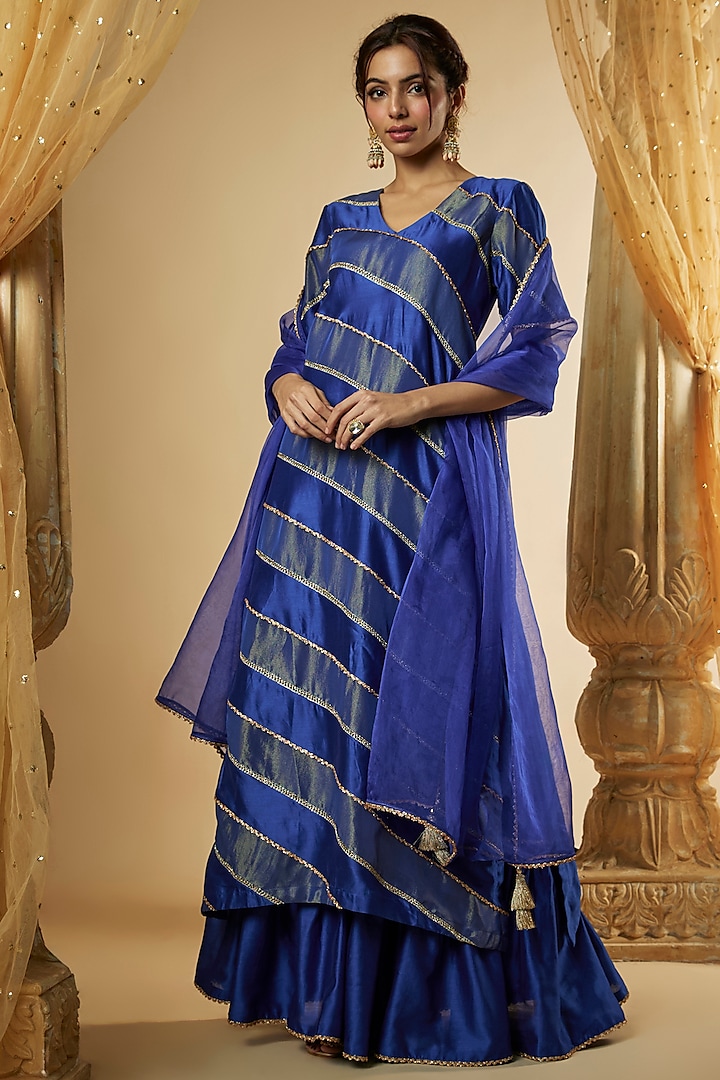 Ink Blue Chanderi Silk & Zari Organza Lace Kurta Set by The Aarya
