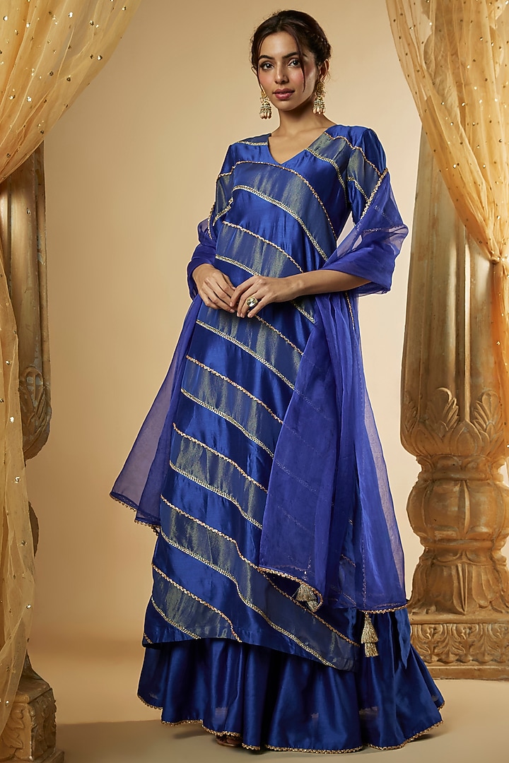 Ink Blue Chanderi Silk & Zari Organza Lace Kurta Set by The Aarya at Pernia's Pop Up Shop