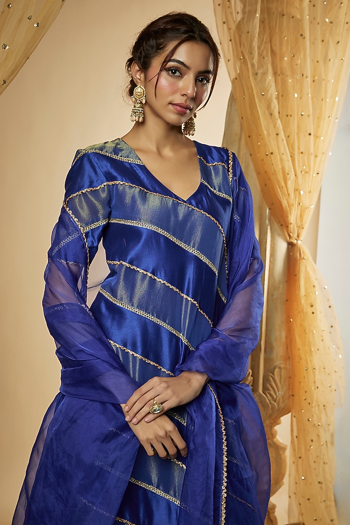 Ink Blue Chanderi Silk & Zari Organza Lace Kurta Set by The Aarya at Pernia's Pop Up Shop