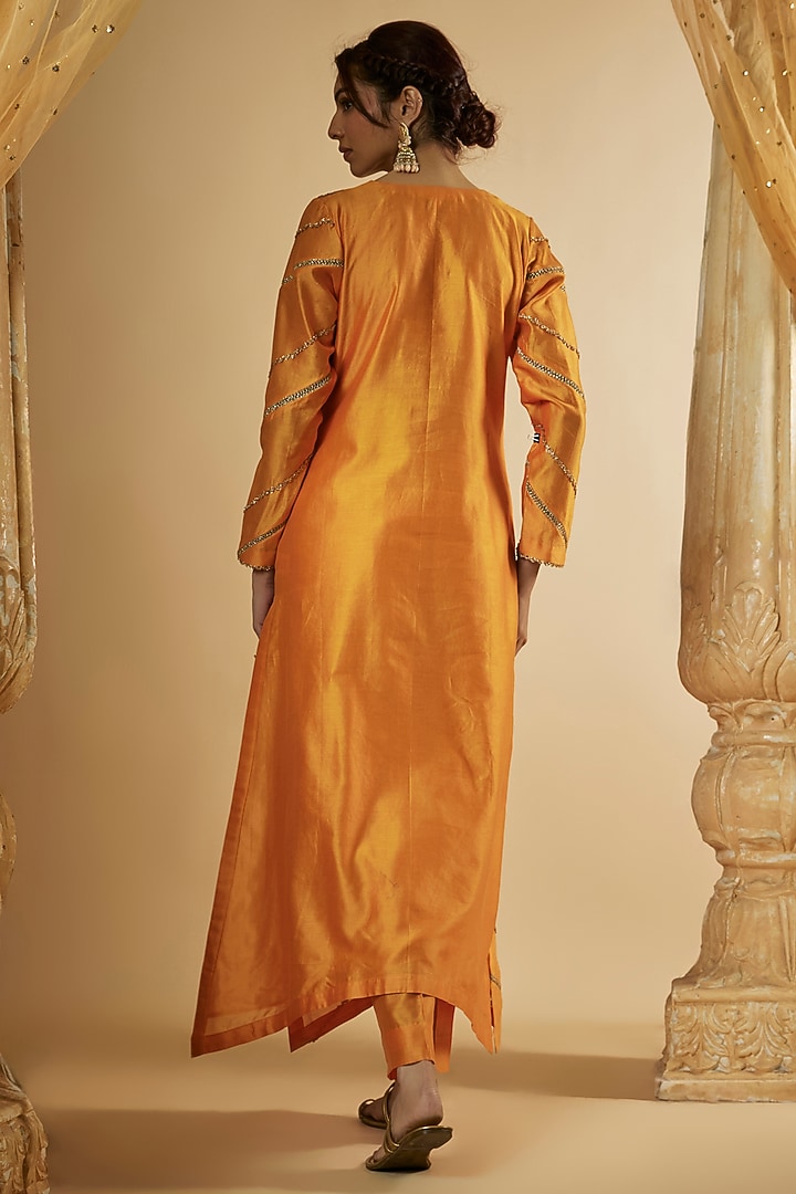 Light Orange Chanderi Silk & Zari Organza Paneled Kurta Set by The Aarya at Pernia's Pop Up Shop