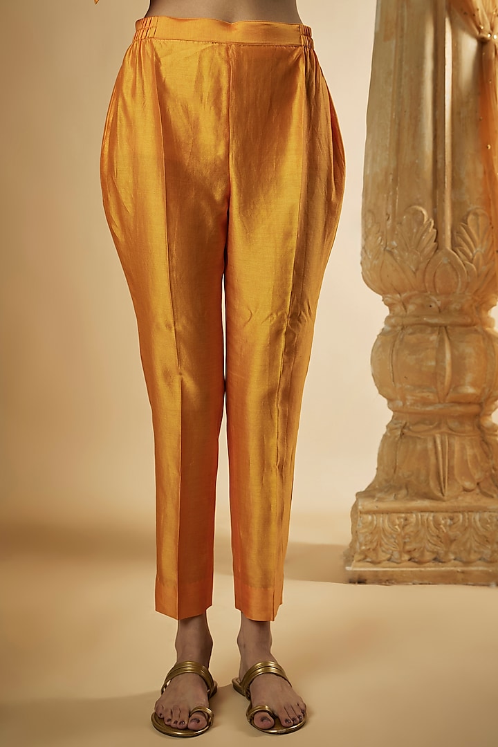 Light Orange Chanderi Silk & Zari Organza Paneled Kurta Set by The Aarya at Pernia's Pop Up Shop
