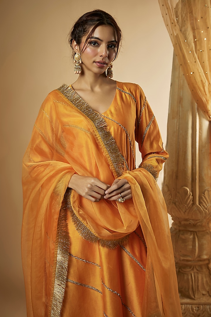 Light Orange Chanderi Silk & Zari Organza Paneled Kurta Set by The Aarya at Pernia's Pop Up Shop