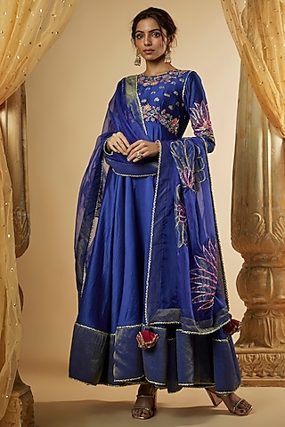 Ink Blue Chanderi Silk Resham Hand Embroidered Flared Anarkali Set by The Aarya