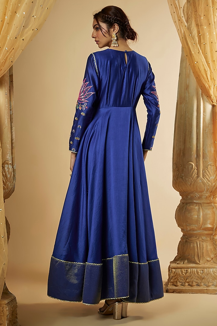 Ink Blue Chanderi Silk Resham Hand Embroidered Flared Anarkali Set
