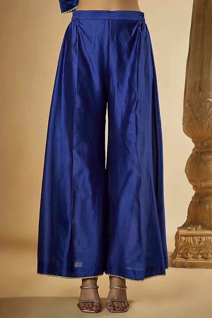 Ink Blue Chanderi Silk Resham Hand Embroidered Flared Wedding Anarkali Set by The Aarya at Pernia's Pop Up Shop
