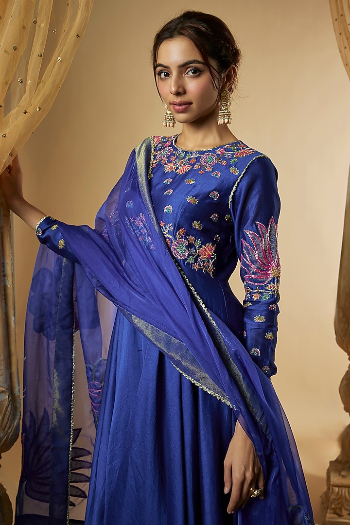 Ink Blue Chanderi Silk Resham Hand Embroidered Flared Wedding Anarkali Set by The Aarya at Pernia's Pop Up Shop