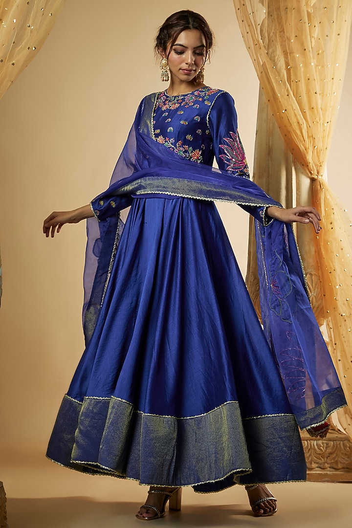 Ink Blue Chanderi Silk Resham Hand Embroidered Flared Wedding Anarkali Set by The Aarya at Pernia's Pop Up Shop