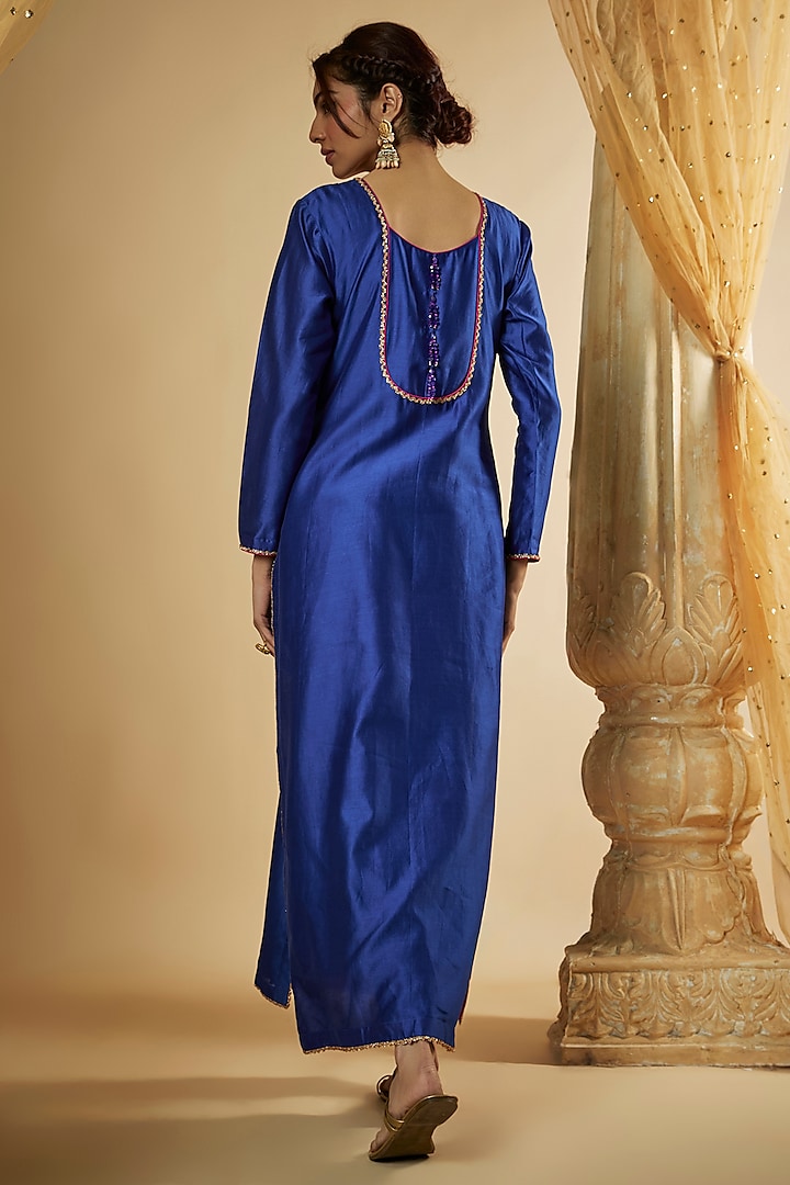 Ink Blue Chanderi Silk Resham Hand Embroidered Kurta Set by The Aarya at Pernia's Pop Up Shop