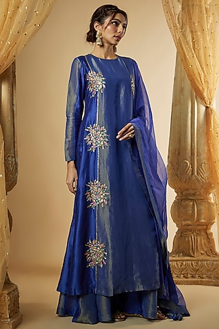 Ink Blue Chanderi Silk & Zari Organza Resham Hand Embroidered Kalidar Kurta Set by The Aarya