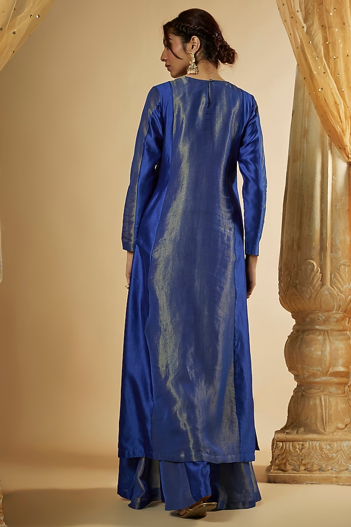 Ink Blue Chanderi Silk & Zari Organza Resham Hand Embroidered Kalidar Kurta Set by The Aarya at Pernia's Pop Up Shop