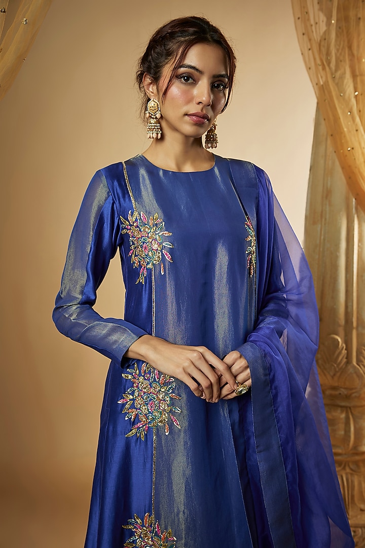 Ink Blue Chanderi Silk & Zari Organza Resham Hand Embroidered Kalidar Kurta Set by The Aarya at Pernia's Pop Up Shop