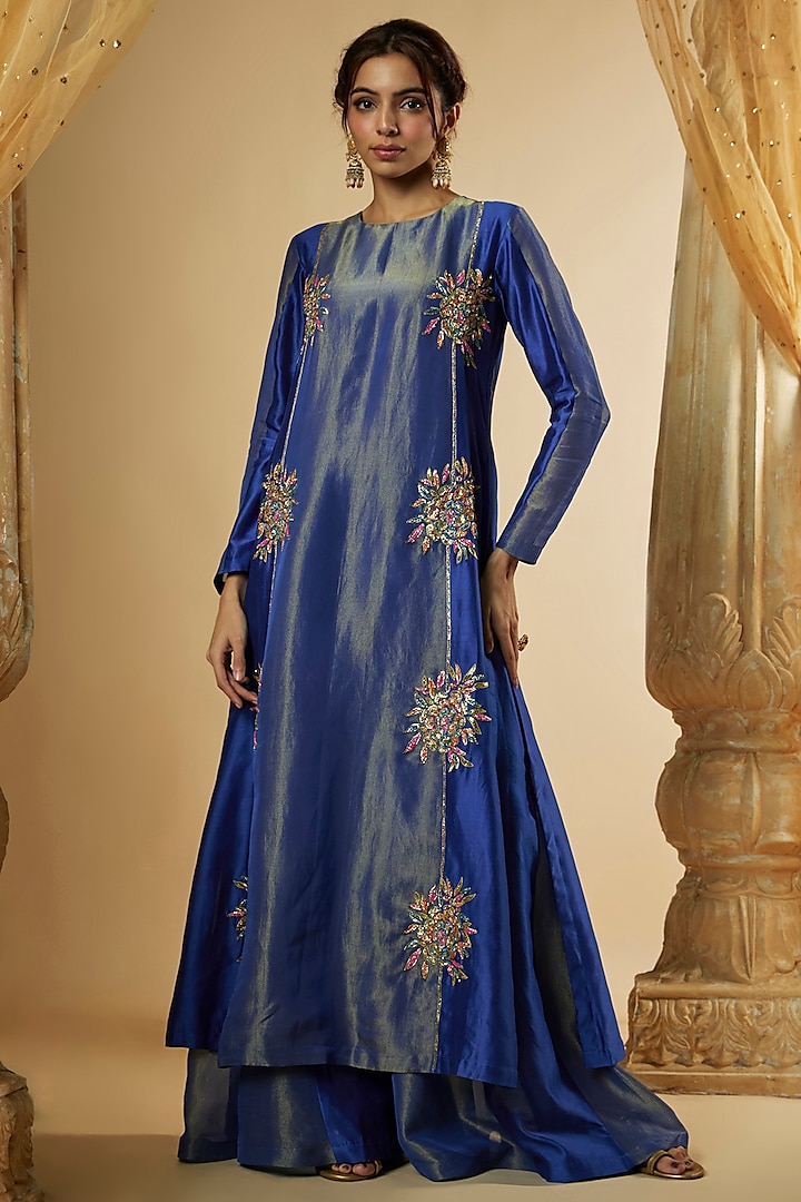 Ink Blue Chanderi Silk & Zari Organza Resham Hand Embroidered Kalidar Kurta Set by The Aarya at Pernia's Pop Up Shop