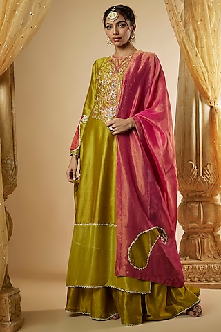 Olive Green Chanderi Silk Zardosi Hand Embroidered Kurta Set by The Aarya