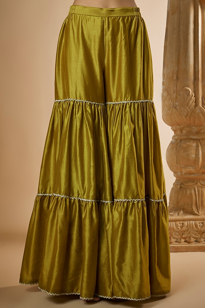 Olive Green Chanderi Silk Zardosi Hand Embroidered Kurta Set by The Aarya at Pernia's Pop Up Shop