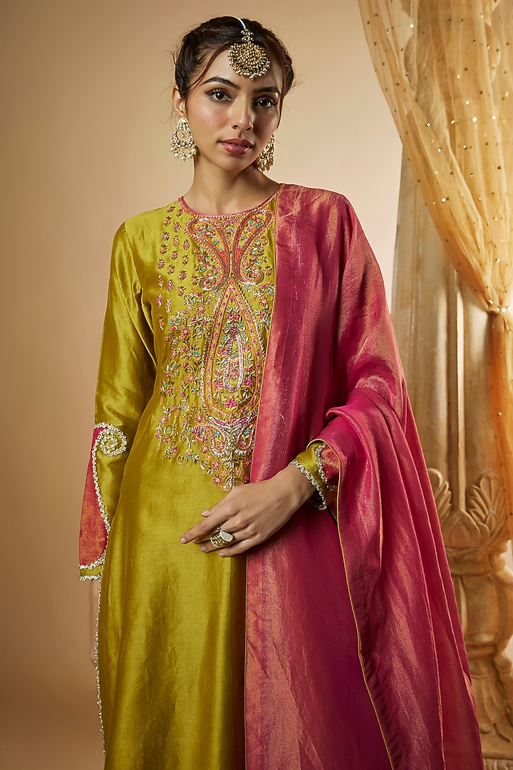 Olive Green Chanderi Silk Zardosi Hand Embroidered Kurta Set by The Aarya at Pernia's Pop Up Shop