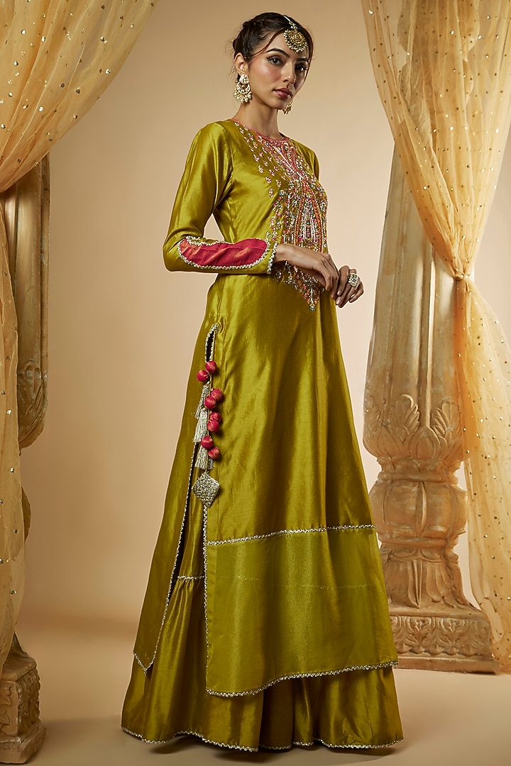 Olive Green Chanderi Silk Zardosi Hand Embroidered Kurta Set by The Aarya at Pernia's Pop Up Shop