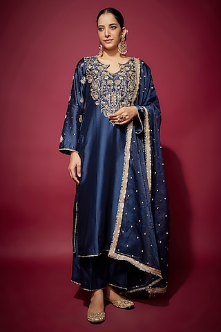 Blue Handwoven Chanderi Hand Embroidered Kurta Set by The Aarya