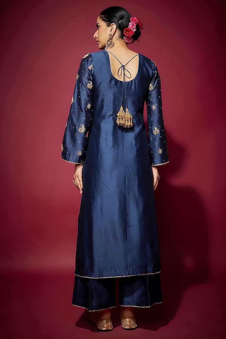 Blue Handwoven Chanderi Hand Embroidered Kurta Set by The Aarya at Pernia's Pop Up Shop