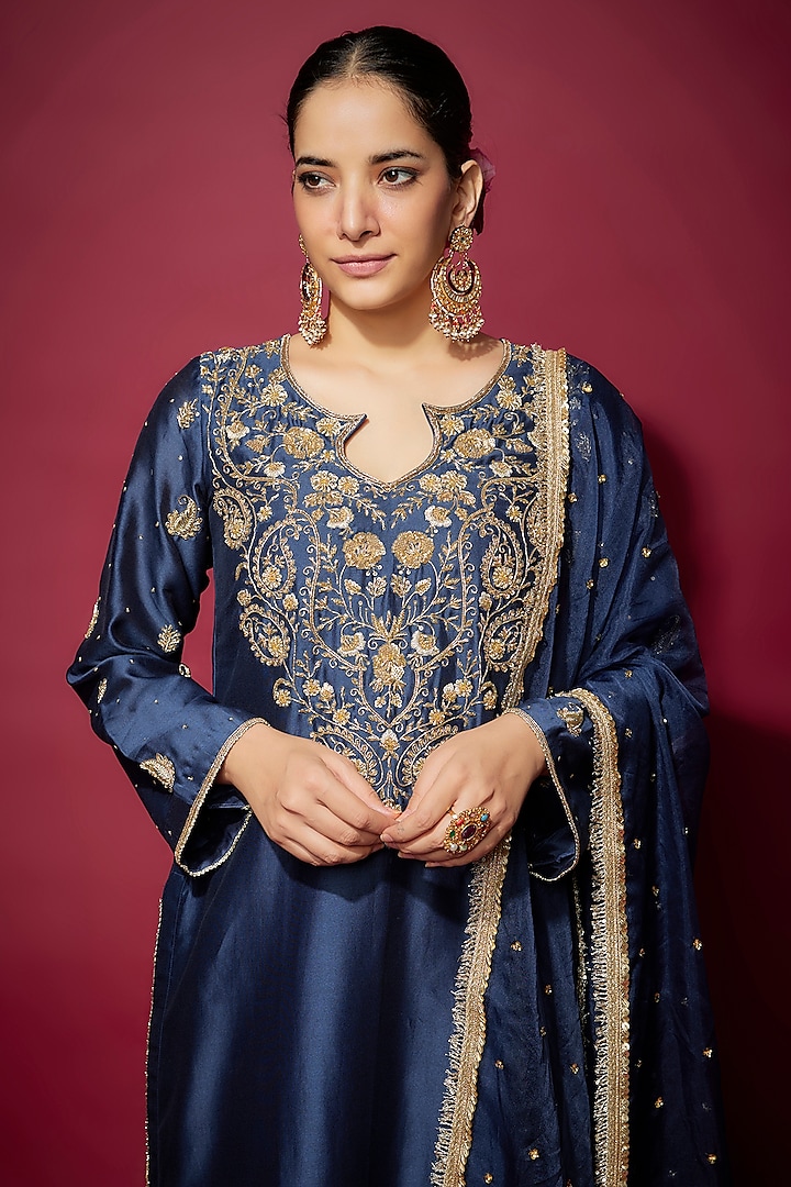 Blue Handwoven Chanderi Hand Embroidered Kurta Set by The Aarya at Pernia's Pop Up Shop