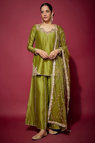 Mehendi Green Handwoven Chanderi Zardosi Embroidered Kurta Set by The Aarya