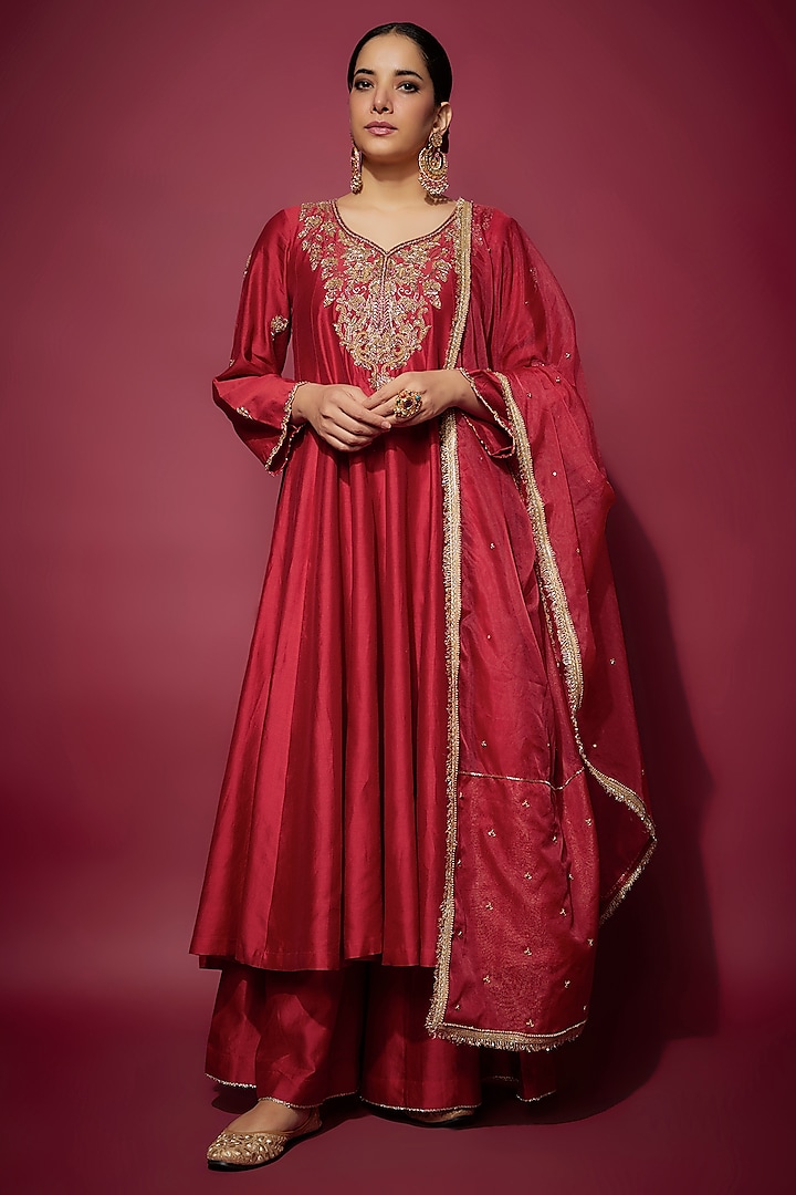 Red Handwoven Chanderi Zardosi Embroidered Anarkali Set by The Aarya at Pernia's Pop Up Shop