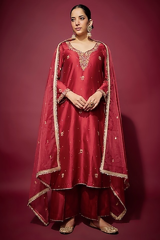 Red Handwoven Chanderi Zardosi Embroidered Straight Kurta Set by The Aarya