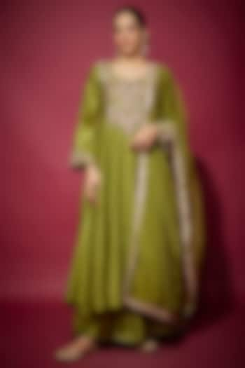 Mehendi Green Handwoven Chanderi Zardosi Embroidered Anarkali Set by The Aarya at Pernia's Pop Up Shop