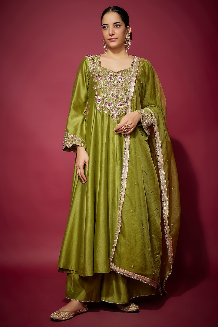 Mehendi Green Handwoven Chanderi Zardosi Embroidered Anarkali Set by The Aarya at Pernia's Pop Up Shop