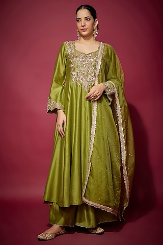 Mehendi Green Handwoven Chanderi Zardosi Embroidered Anarkali Set by The Aarya