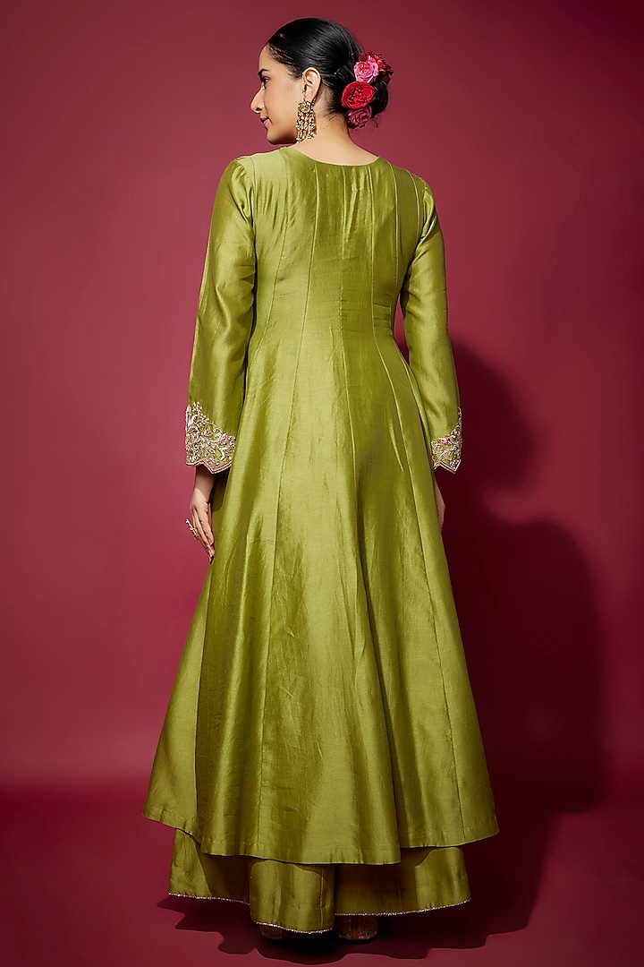 Mehendi Green Handwoven Chanderi Zardosi Embroidered Wedding Anarkali Set by The Aarya at Pernia's Pop Up Shop