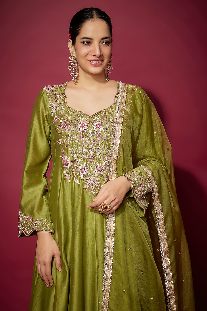Mehendi Green Handwoven Chanderi Zardosi Embroidered Wedding Anarkali Set by The Aarya at Pernia's Pop Up Shop