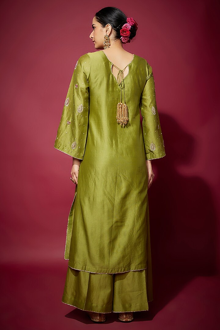 Mehendi Green Handwoven Chanderi Zardosi Embroidered Straight Kurta Set by The Aarya at Pernia's Pop Up Shop