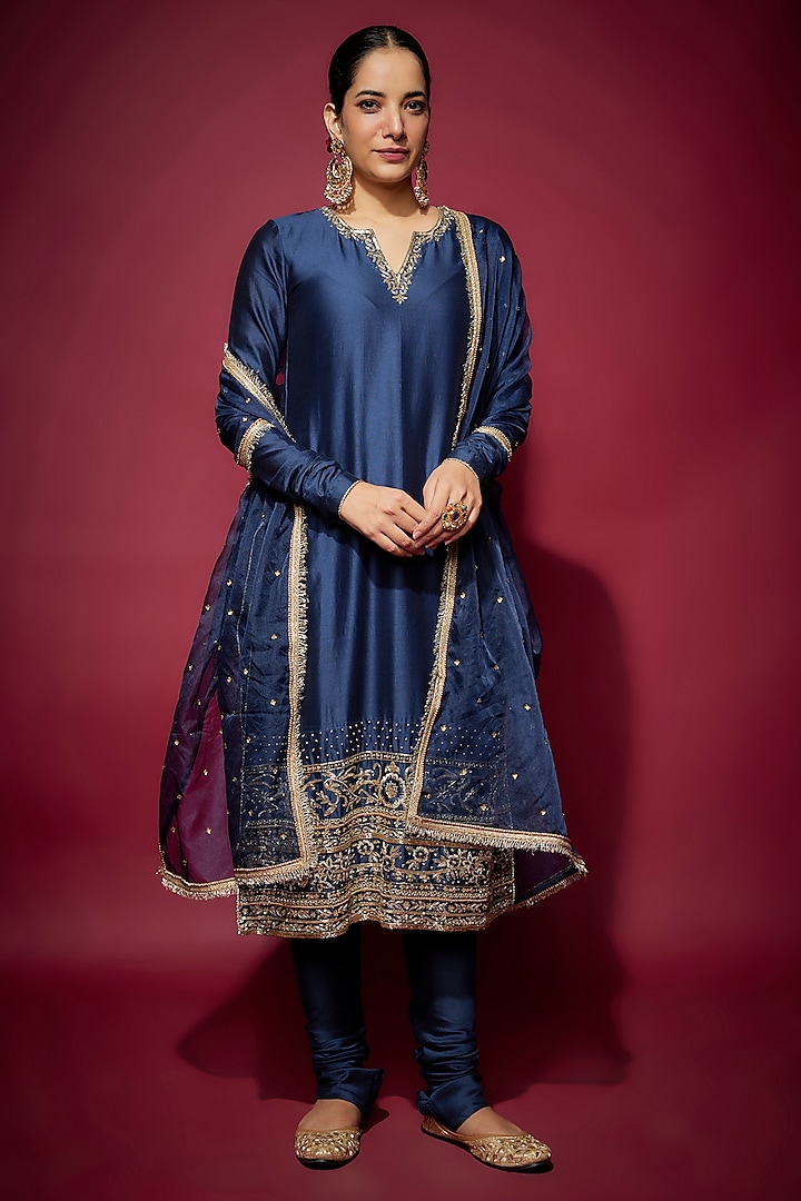 Navy Blue Handwoven Chanderi Zardosi Embroidered Kurta Set by The Aarya at Pernia's Pop Up Shop