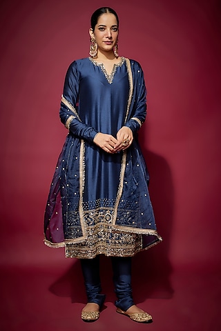 Navy Blue Handwoven Chanderi Zardosi Embroidered Kurta Set by The Aarya