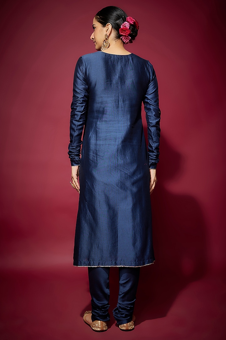 Navy Blue Handwoven Chanderi Zardosi Embroidered Kurta Set by The Aarya at Pernia's Pop Up Shop