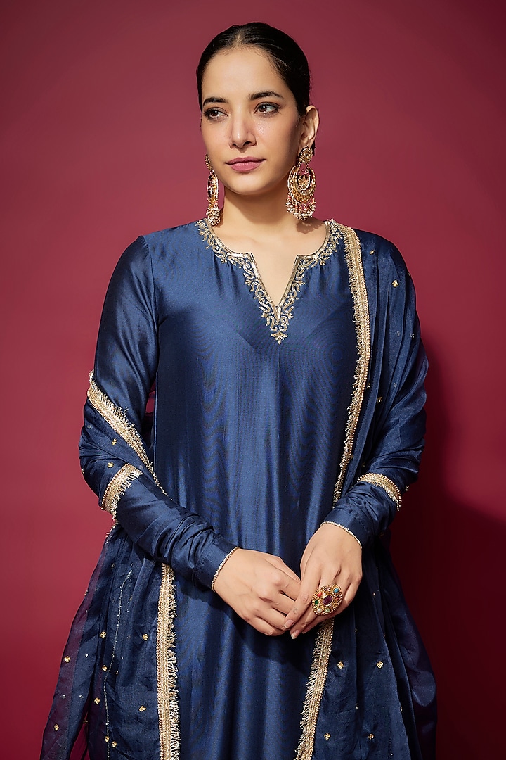 Navy Blue Handwoven Chanderi Zardosi Embroidered Kurta Set by The Aarya at Pernia's Pop Up Shop