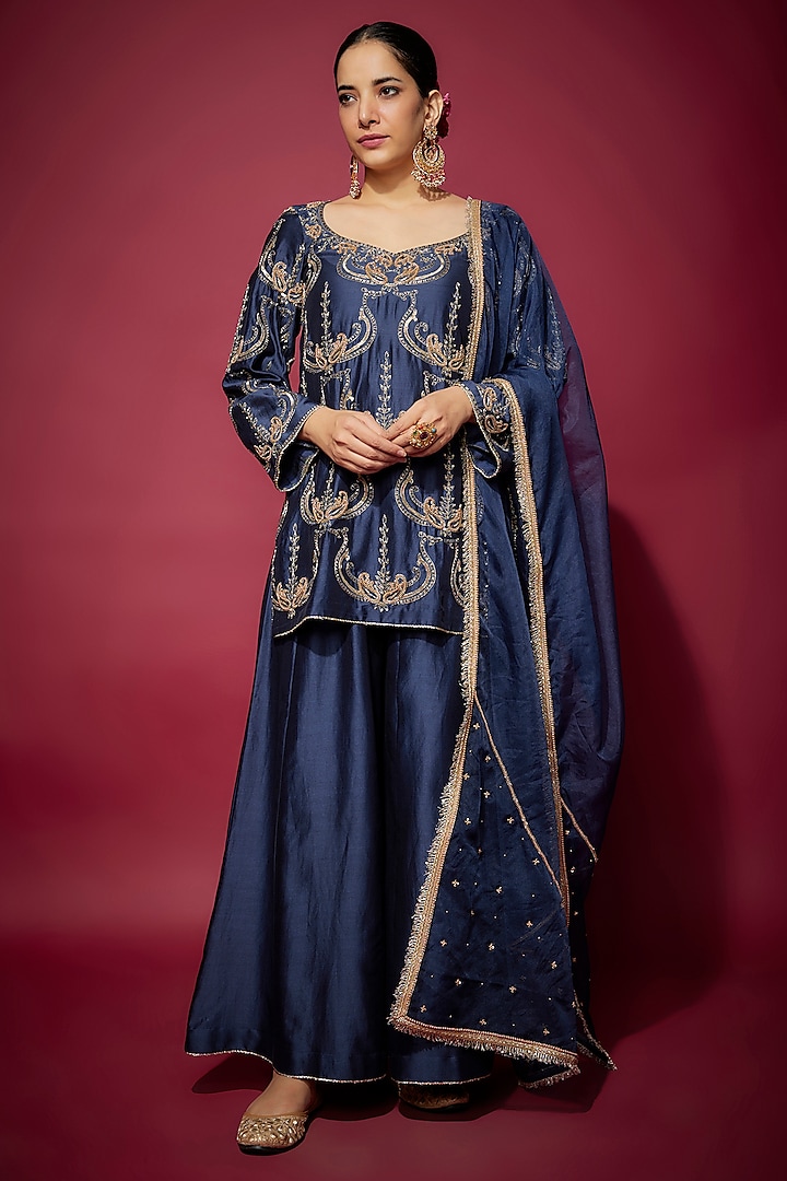 Navy Blue Handwoven Chanderi Zardosi Embroidered Kurta Set by The Aarya at Pernia's Pop Up Shop