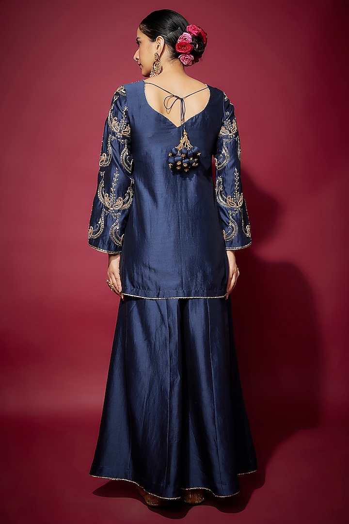 Navy Blue Handwoven Chanderi Zardosi Embroidered Kurta Set by The Aarya at Pernia's Pop Up Shop