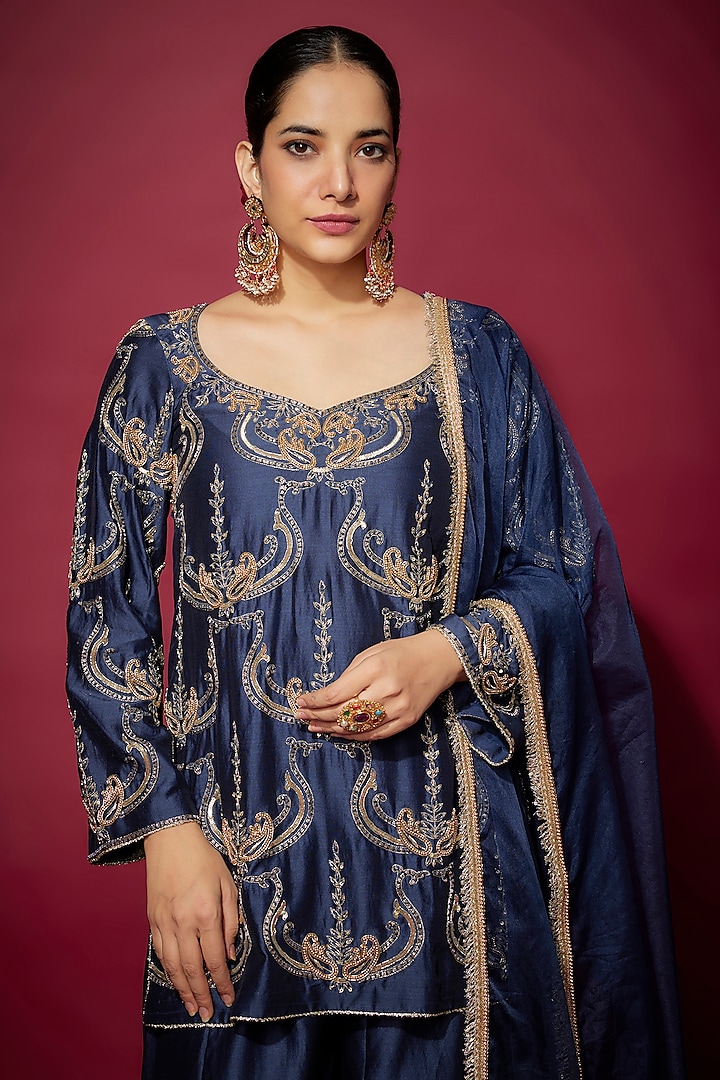 Navy Blue Handwoven Chanderi Zardosi Embroidered Kurta Set by The Aarya at Pernia's Pop Up Shop