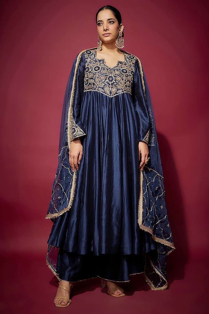 Navy Blue Handwoven Chanderi Zardosi Embroidered Anarkali Set by The Aarya at Pernia's Pop Up Shop