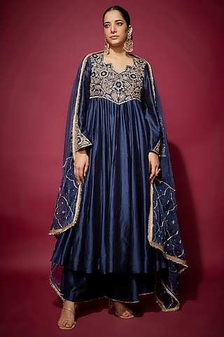 Navy Blue Handwoven Chanderi Zardosi Embroidered Anarkali Set by The Aarya