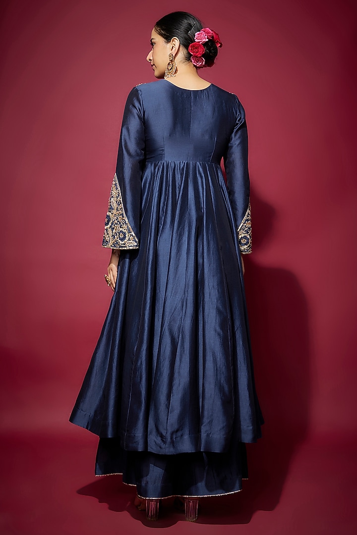 Navy Blue Handwoven Chanderi Zardosi Embroidered Wedding Anarkali Set by The Aarya at Pernia's Pop Up Shop