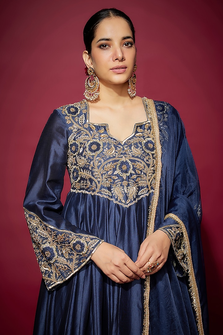 Navy Blue Handwoven Chanderi Zardosi Embroidered Wedding Anarkali Set by The Aarya at Pernia's Pop Up Shop