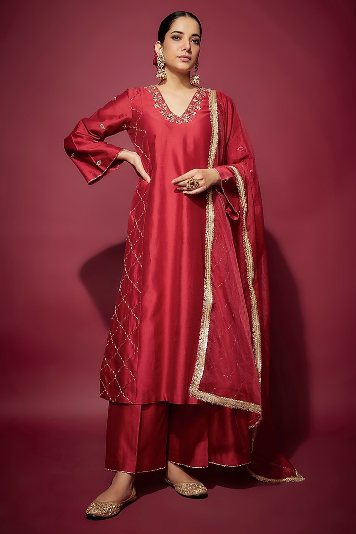 Red Handwoven Chanderi Zardosi Embroidered A-Line Anarkali Set by The Aarya at Pernia's Pop Up Shop