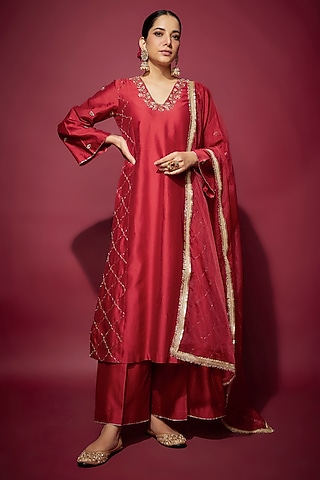 Red Handwoven Chanderi Zardosi Embroidered A-Line Anarkali Set by The Aarya