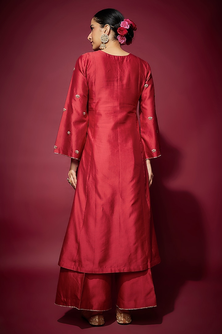 Red Handwoven Chanderi Zardosi Embroidered A-Line Party Wear Anarkali Set by The Aarya at Pernia's Pop Up Shop