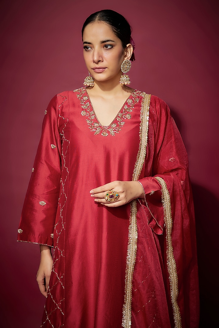 Red Handwoven Chanderi Zardosi Embroidered A-Line Party Wear Anarkali Set by The Aarya at Pernia's Pop Up Shop