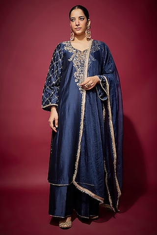Navy Blue Handwoven Chanderi Zardosi Embroidered Kurta Set by The Aarya